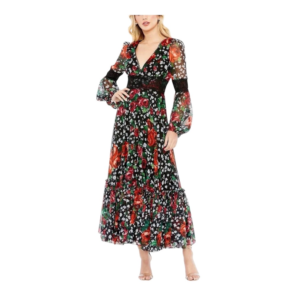 Mac Duggal 11402 Floral Chiffon Lace Puff Sleeve Midi Dress‎ Black Size 6 NWT
